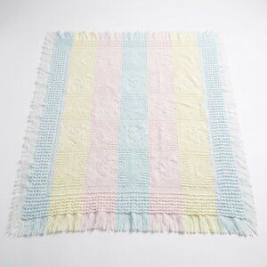 Baby Kisses Knit Blanket - Pastel Blue Pink Yellow Bears - Fringe 100% Acrylic